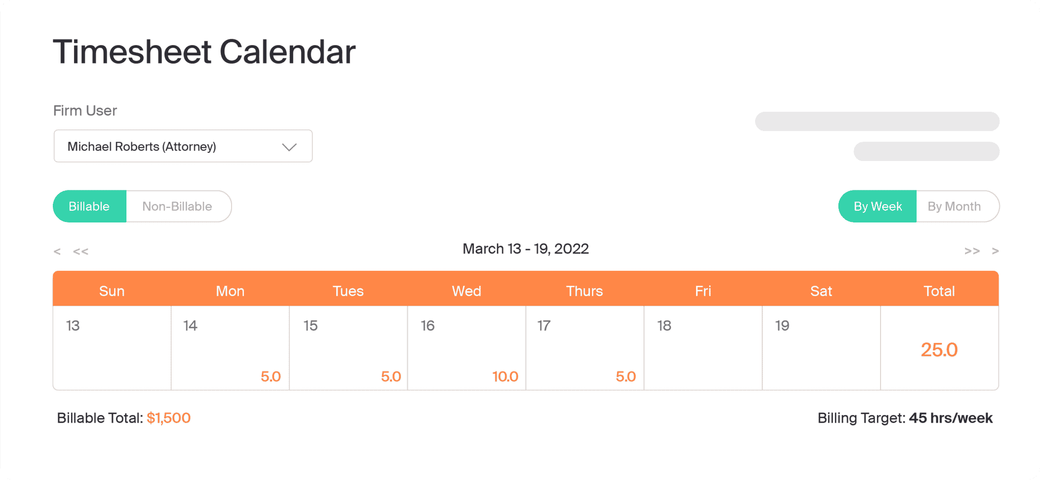 MyCase's Timesheet Calendar feature for lawyer time tracking.