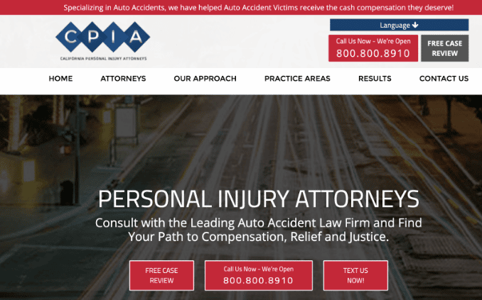 California Personal Injury Attorneys' homepage uses legal branding to connect with its target audience.